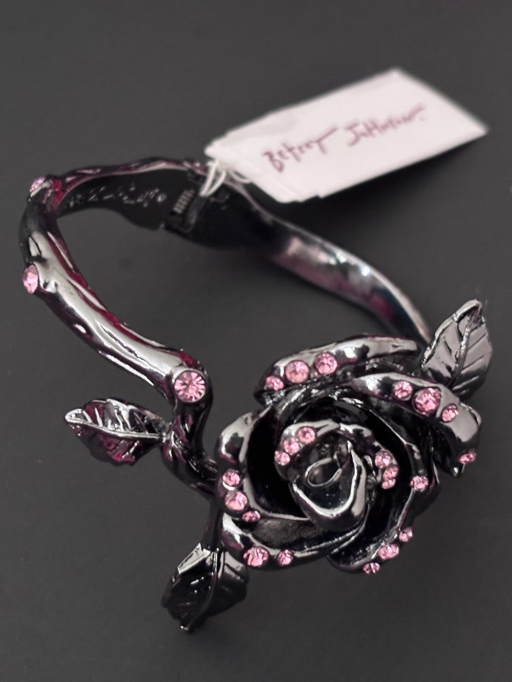 Betsey Johnson Gunmetal Rose Bracelet Hinged Bangle Flower w/ Pink Rhinestones